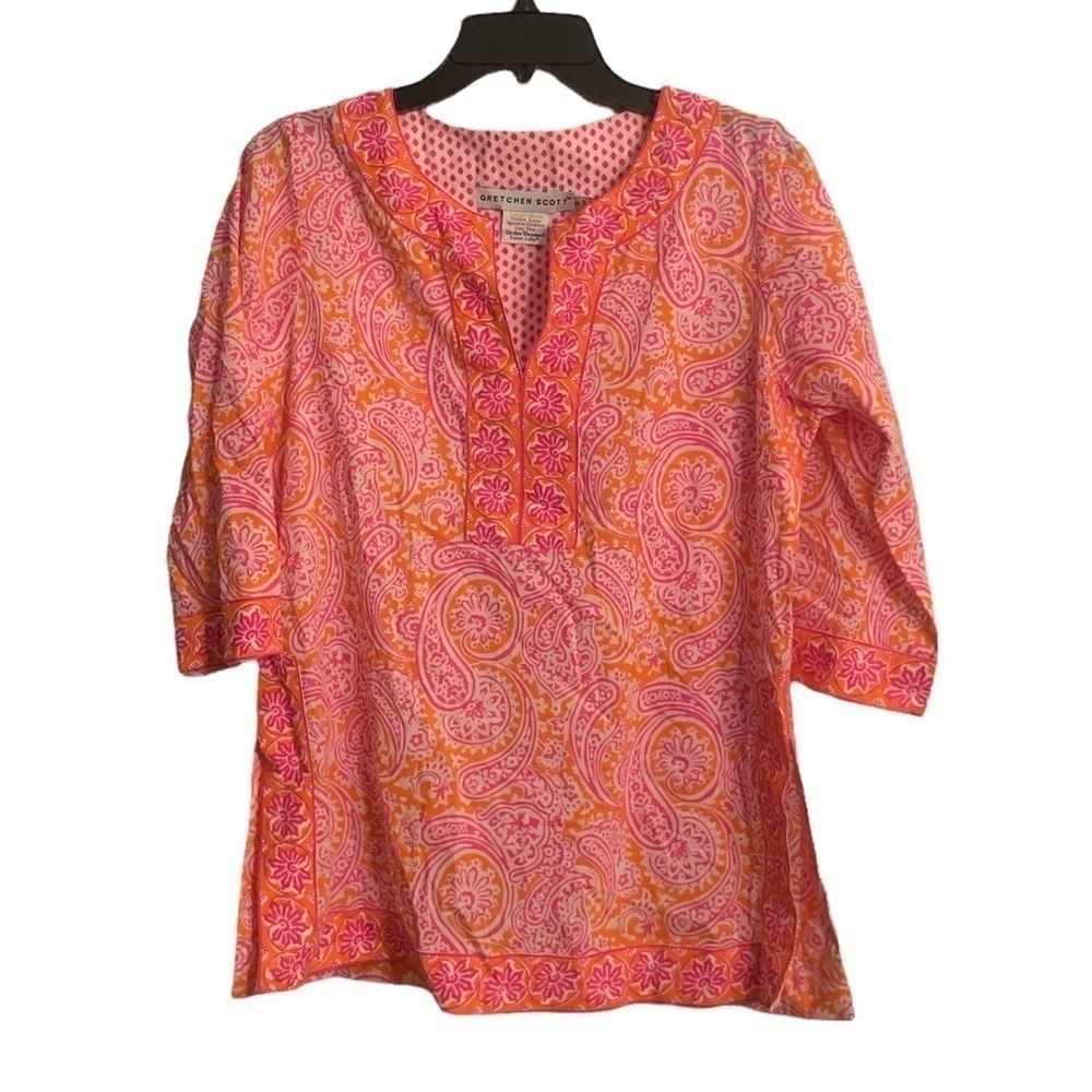 Gretchen Scott Paisley Tunic Blouse Pink Orange Size Small